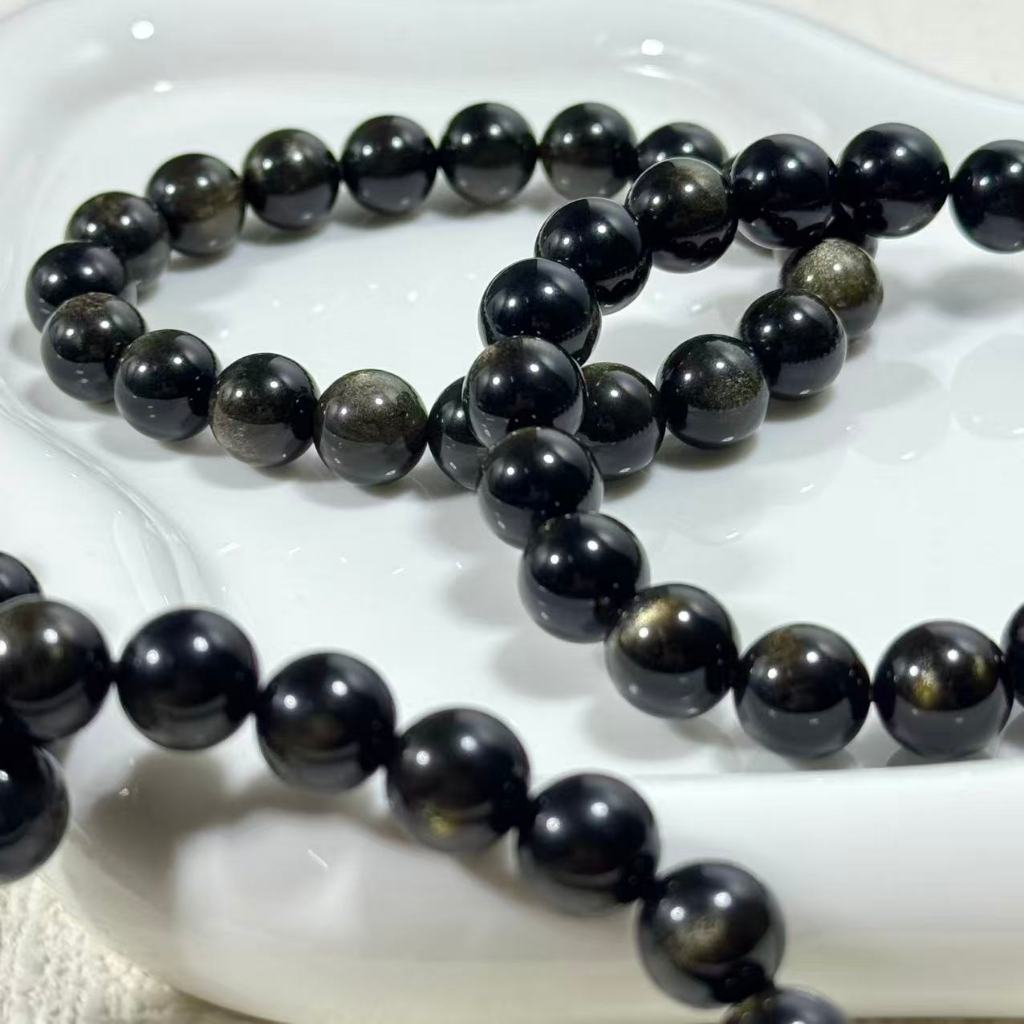 *ขายส่ง* หินออบซิเดียนทอง​ Obsidian กำไลหินนำโชค  หินออบซิเดียน ดึงดูดโชคลาภ​ การงาน​ ขนาด 10 มิล
