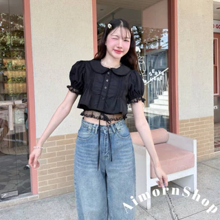 🔥aimorn_shop🔥เสื้อครอปแขนตุ๊กตา ครอปลูกไม้ คอบัว แต่งดกระดุมน่ารักๆ ชายเสื้อแต่งลูกไม้