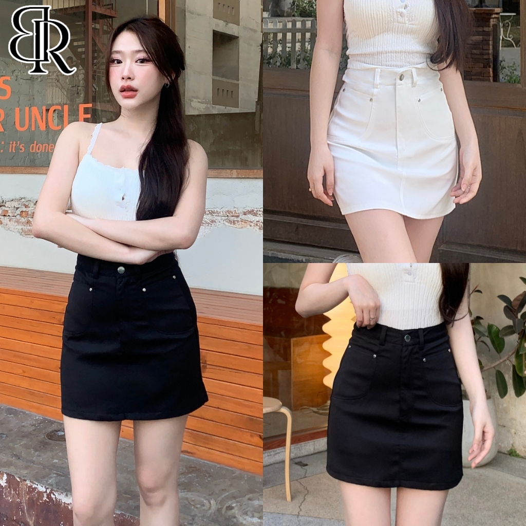 B&R พร้อมส่ง กระโปรงทรงเอหญิง ครึ่งตัวกระโปรงสั้น มีกระเป๋า มีกระเป๋า สไตล์พื้นฐานอเนกประสงค์ ขาวดำ ขนาดS-XL