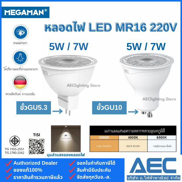 MEGAMAN หลอดไฟ แอลอีดี MR16 LED ขนาด 5W และ 7W ขั้วGU5.3 และ ขั้วGU10 (220V แบบต่อตรง) มุมแสงแคบ 36องศา