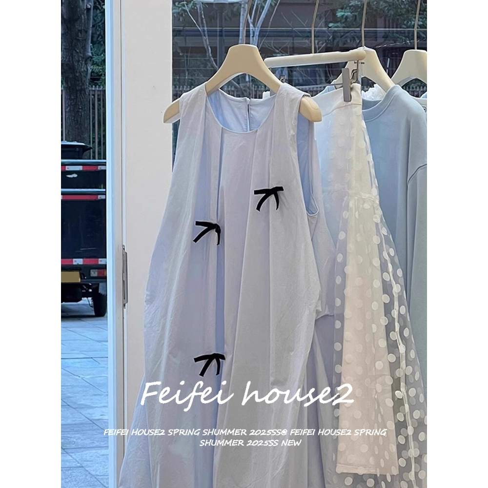 [Sweet Bow-Trimmed Sleeveless Dress]ชุดเดรสลำลองฤดูร้อนแขนกุดคอกลมทรงหลวมผูกโบว์สำหรับผู้หญิง