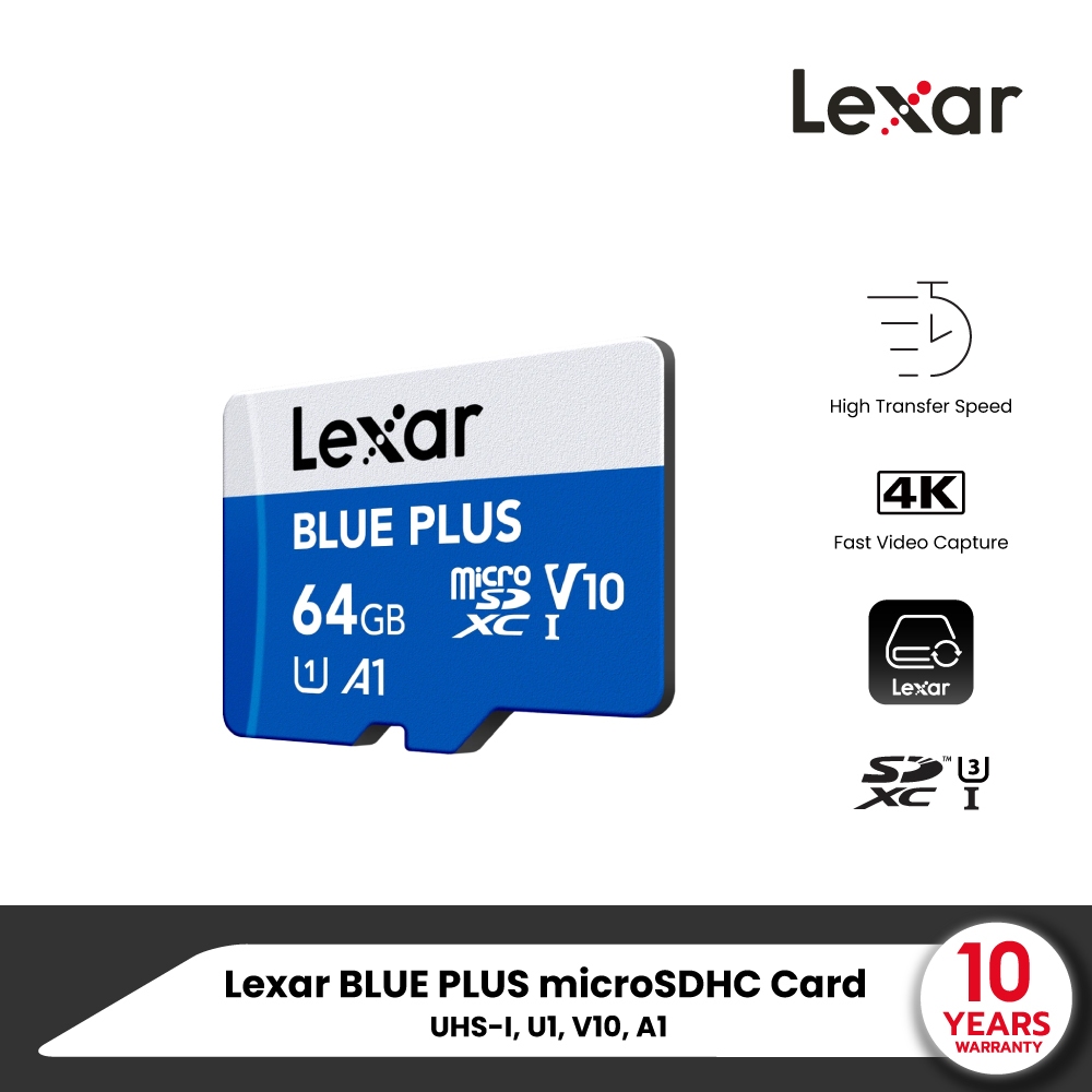 Lexar MicroSD Card BLUE PLUS 64GB (ไมโครเอสดีการ์ด) R100MB/s1 (LMSBLPL064G-BNANG) For Smartphones Tablets Action Camera