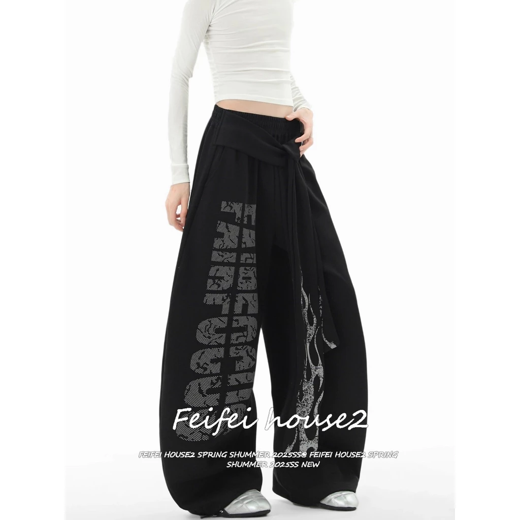 [Flame Print Lace-up Wide-Leg Pants]กางเกงขายาวทรงกว้างลำลองพิมพ์ลายตัวอักษรและเปลวไฟสไตล์แจ๊สเรโทรอเมริกัน