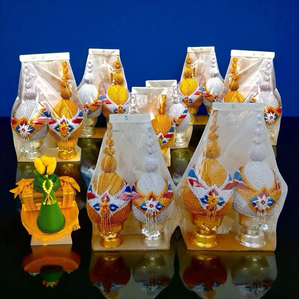 พานพุ่มผ้าเงินทอง เบอร์ 4-7 (ขายเป็นคู่) | พานเทียนแพร, เครื่องทองน้อย | ใช้ถวายพระ ถวายในงานพิธีมงคล (ไม่มีใบกำกับภาษี)