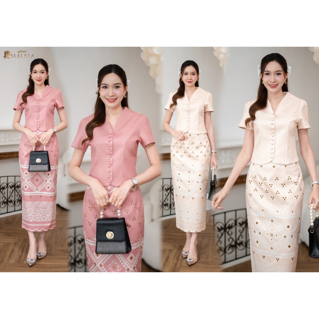 รหัส6797-1:งานSet 2 ชิ้น (เสื้อ+กระโปรงยาวงานผ้าโพลีเอสเตอร์งานพิมพ์ลายGeometric