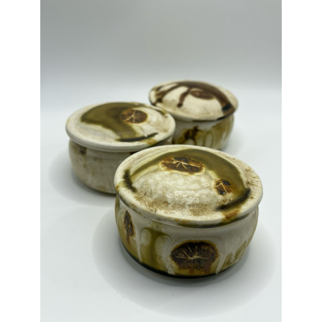 โถน้ำตาล โถดินเผามีฝาปิด  เซ็ต 3 ชุดCeramano Pottery Tique Vintage MCM Retro Sugar Bowl W/Lid sepia 