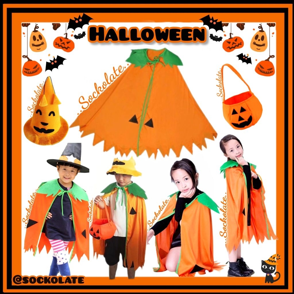 ชุดฟักทองฮาโลวีน ชุดฮาโลวีนเด็ก เสื้อคลุม หมวก กระเป๋า ฟักทองผี ชุดเซ็ตคอสเพลย์เด็ก HALLOWEEN