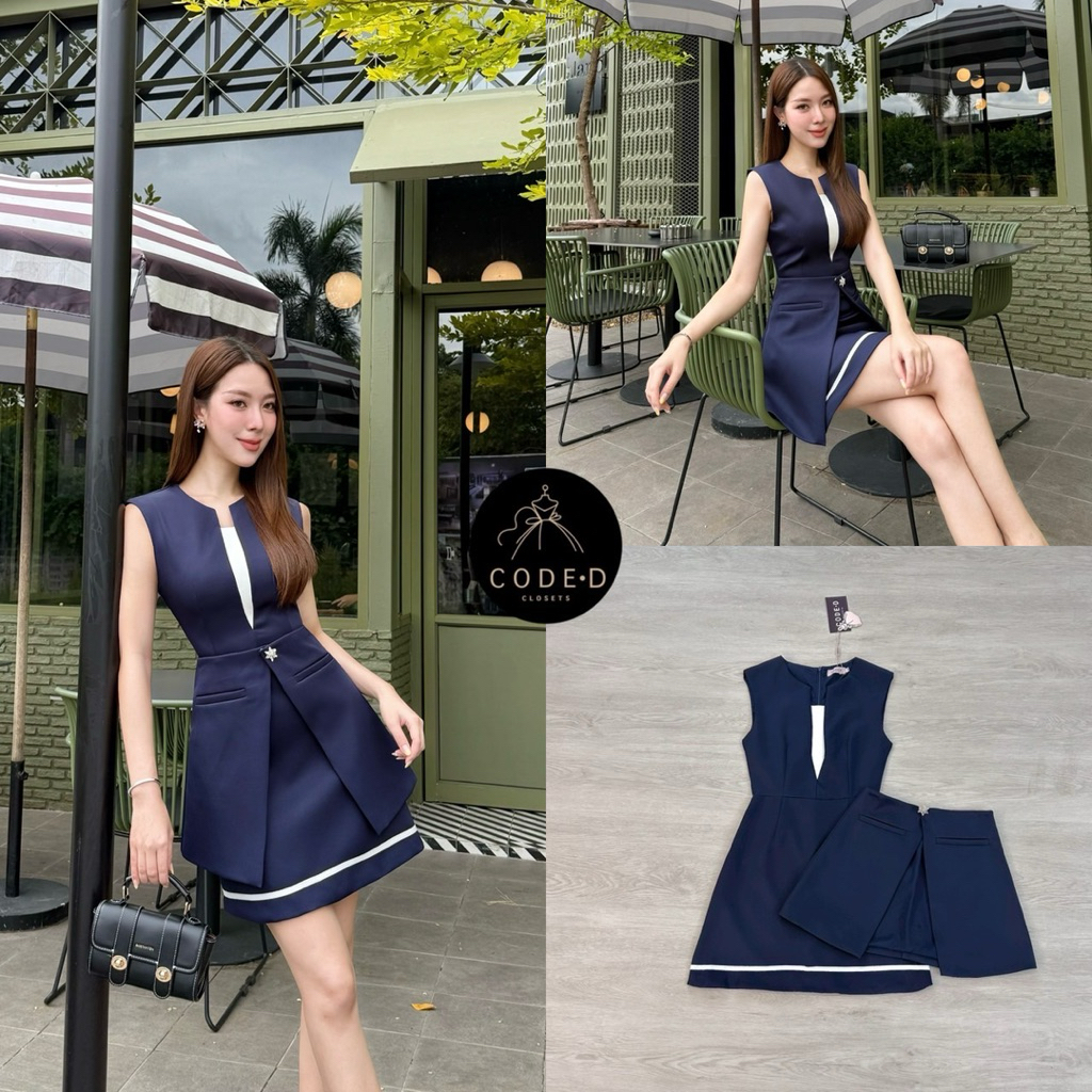 CODE-D CLOSETS set 2 มินิเดรสแขนกุดสีกรม ดีเทลแต่งแถบสีขาวกลางลำตัว ช่วงอกและเอวเข้ารูป