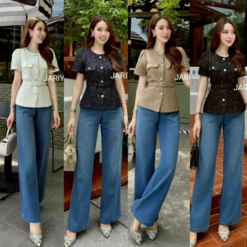 (S-XL)  Jariya  📣พร้อมส่งชุดเซ็ท3ชิ้นผ้าทวิตเสื้อแขนสั้นคอกลมกระดุมเพชร+เข็มขัด+กางเกงยืนขายาวทรงสวย
