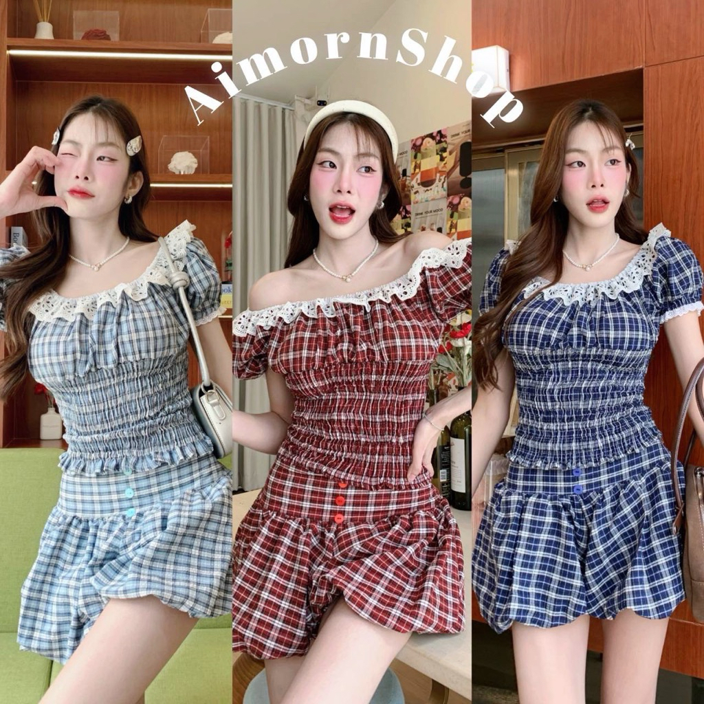 🔥aimorn_shop🔥(ขายแยกชิ้น)เสื้อสม็อค แขนตุ๊กตาลายสก๊อต เดินขอบลูกไม้ตรงคอแน่นๆ น่ารักมาก ผ้าคอตตอนใส่สบาย