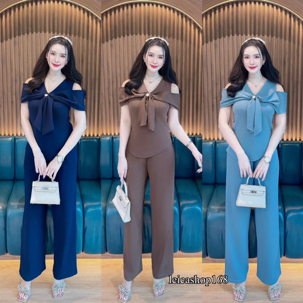 สินค้าพร้อมส่ง Set 2 ชิ้น ผ้าวูลเวฟ เสื้อแขนกุดโบว์หน้าแต่งกระดุมมุข+ กางเกงเอวเรียบสม๊อคหลังมีกระเป๋า A6969