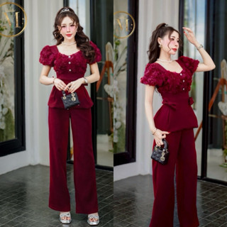 เซทเสื้อกางเกงขายาวสีแดงไวน์