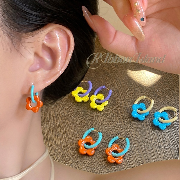 RIbbonIsland✨ต่างหู earrings 1 คู่ สไตล์เกาหลี ขนาดเล็ก ผู้หญิง แฟชั่น ดอกไม้ น่ารัก มินิมอล ใหม่