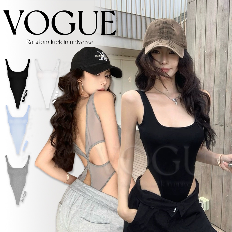 Vogue🌟พร้อมส่ง🌟 ชุดบอดี้สูท ดีเทลซีทรูเว้าหลัง ยืดพิดีสีพาสเทล (FY940)