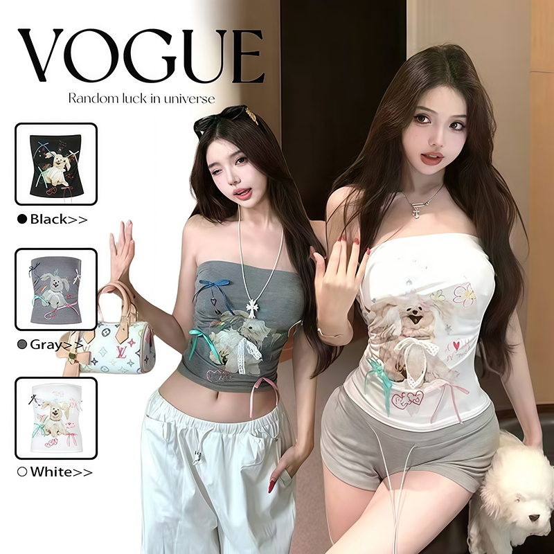 Vogue🌟พร้อมส่ง🌟 เสื้อเกาะอกขนปุกปุยนุ่มๆ แต่งโบว์ มีฟองน้ำในตัว มี2สีใส่สบาย (FY5626)