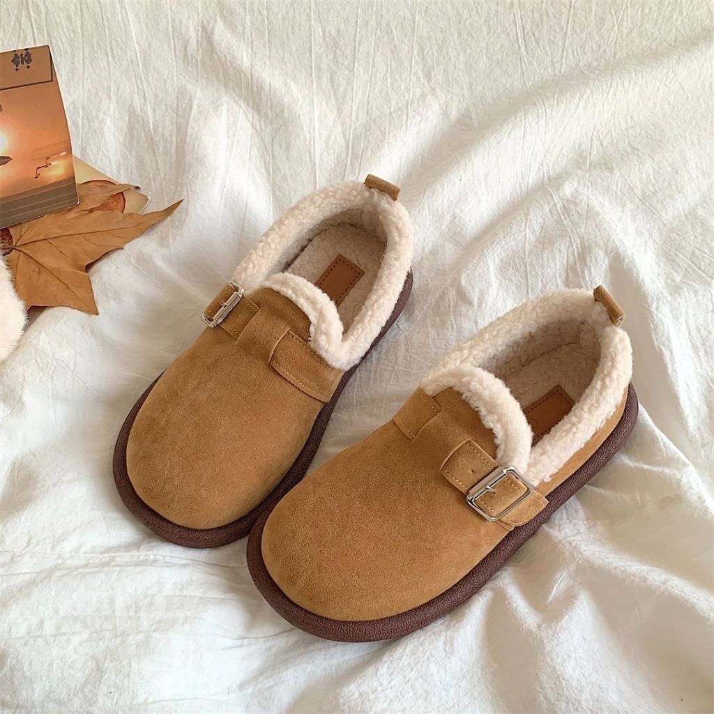 Birkenstock รองเท้าผู้หญิงกำมะหยี่ ฤดูใบไม้ร่วงและฤดูหนาว รองเท้าสวมแบบสวมส้นแบนกำมะหยี่พื้นนุ่ม รองเท้าขนอบอุ่น