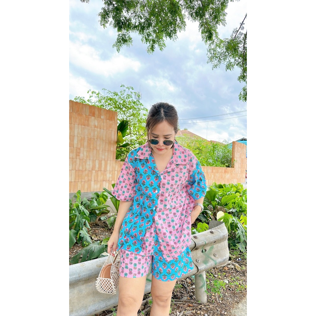SHOPAHOLIC🌷🌷HAWAII 2-tone SET🌷🌷 ชุดเซ็ตเสื้อ+กางเกงขาสั้น ผ้า cottonอินเดีย เนื้อ ผ้านิ่ม ใส่สบาย