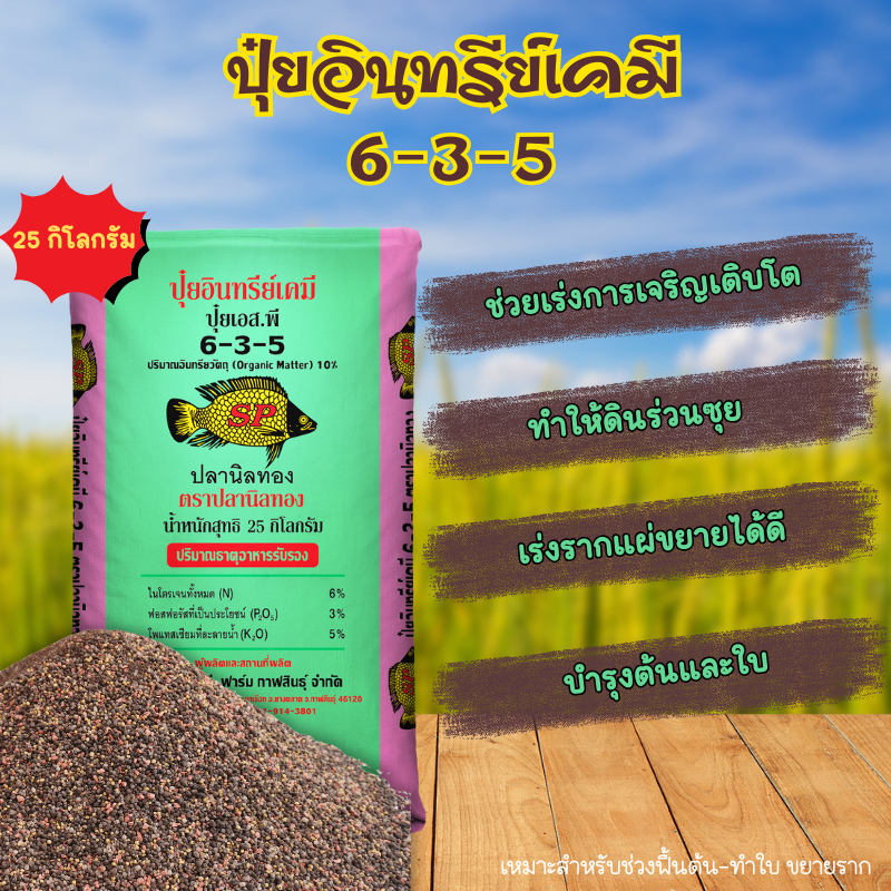 ปลานิลทอง ปุ๋ยอินทรีย์เคมี 6-3-5 ขนาด 25-50 กก.  ปุ๋ย ฟื้นฟูสภาพต้นโทรม แตกยอดไว ใบเขียวหนา รากเดินด