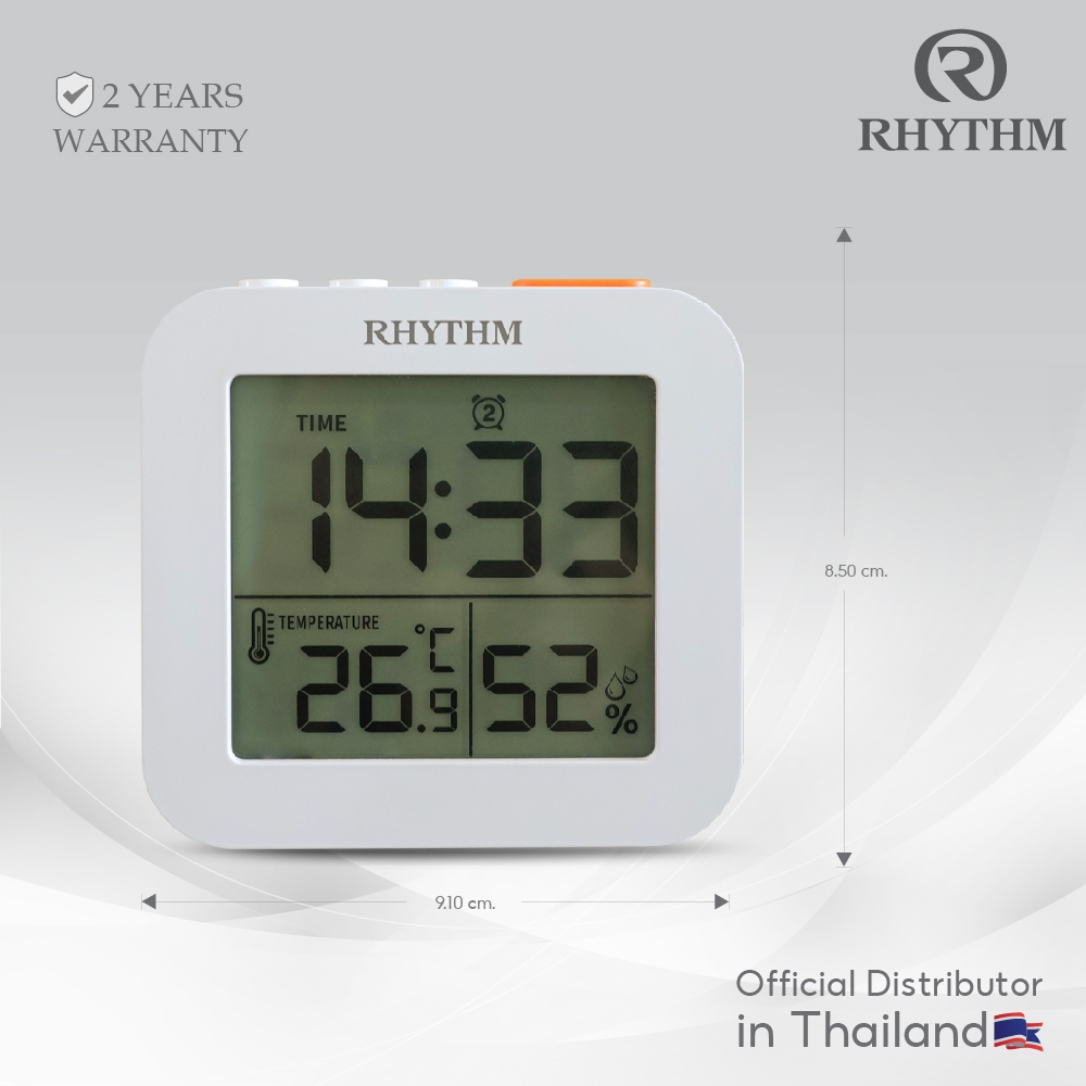 RHYTHM นาฬิกาแขวน-ตั้งโต๊ะดิจิตัล สีขาว ตั้งปลุก จับเวลา วัดอุณหภูมิความชื้น 8.5 CM-LCT112NR03