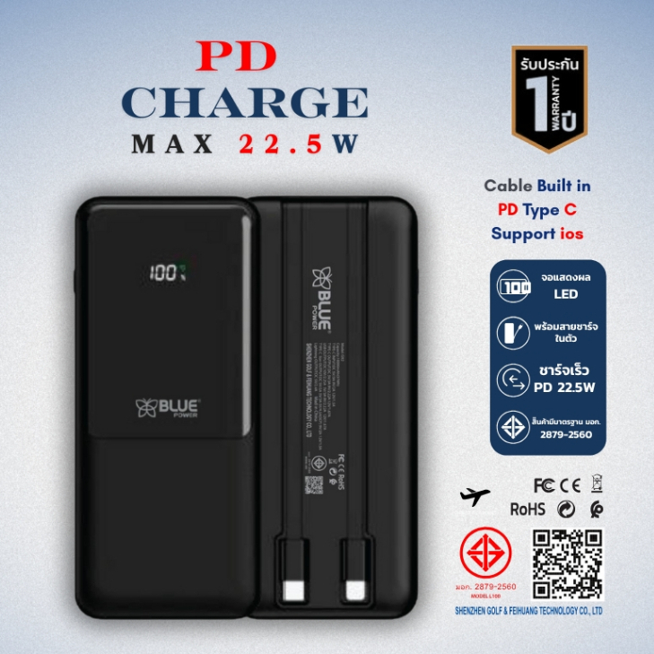 BLUEPOWER PowerBank 10000mAh/20000mAh Cable Built in PD Charge