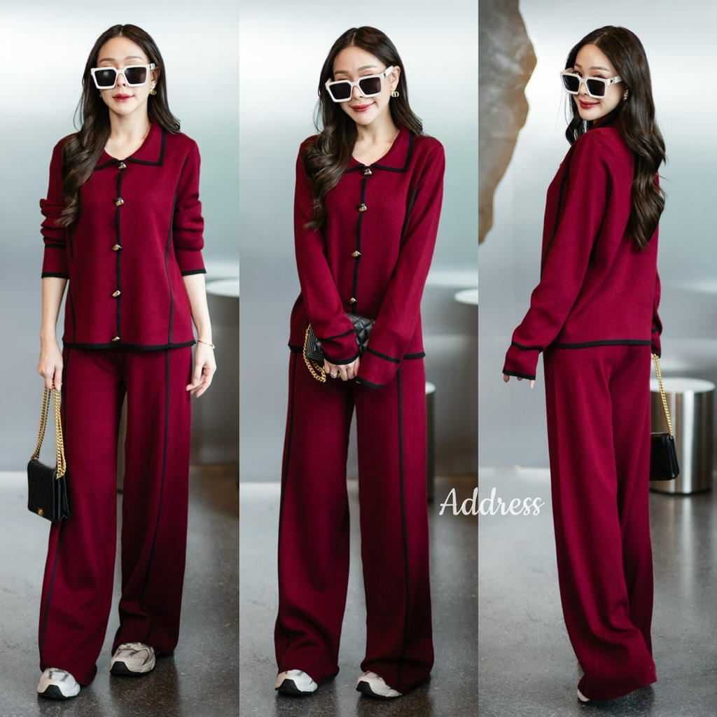 🌈🌿🌼🌺🌸❤️🖤🇰🇷 Knit Collar Rim Line Long Sleeve Top&Long Pant Set