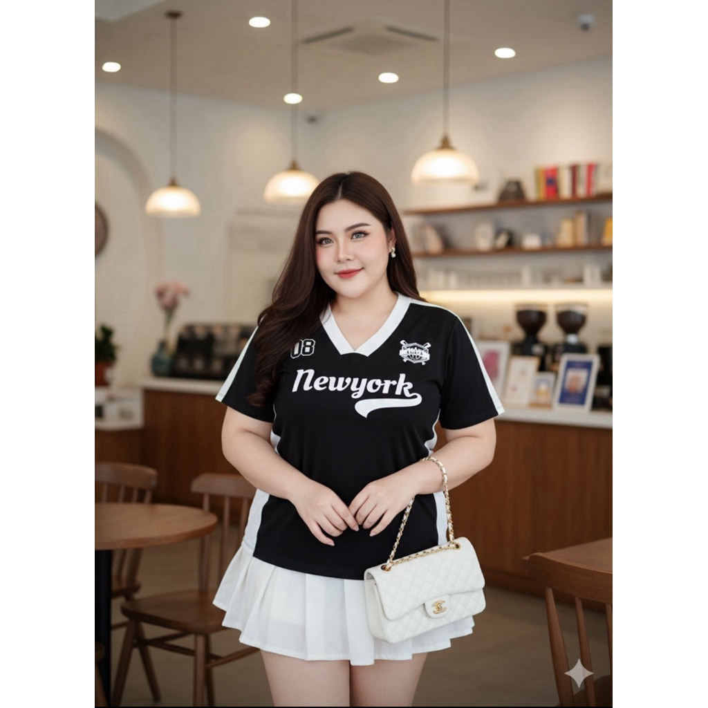 เสื้อยืดคอวีทรงสปอร์ตพรางหุ่นสาวอวบ ผ้ายูนิโคล่ตัวยาวทรงสวย
