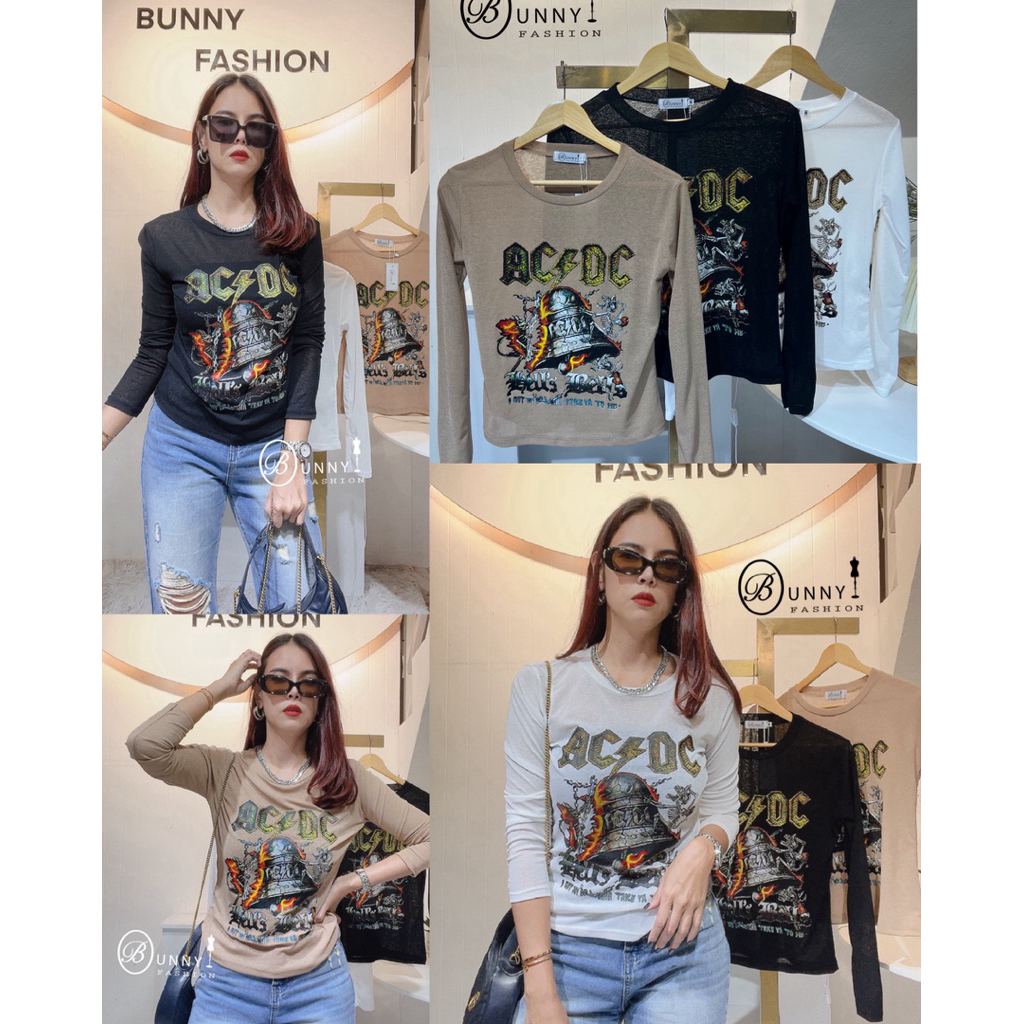 A195 BunnyFashion เสื้อสลาฟสกรีนแขนยาว ผ้าบาง มี2 ไซส์