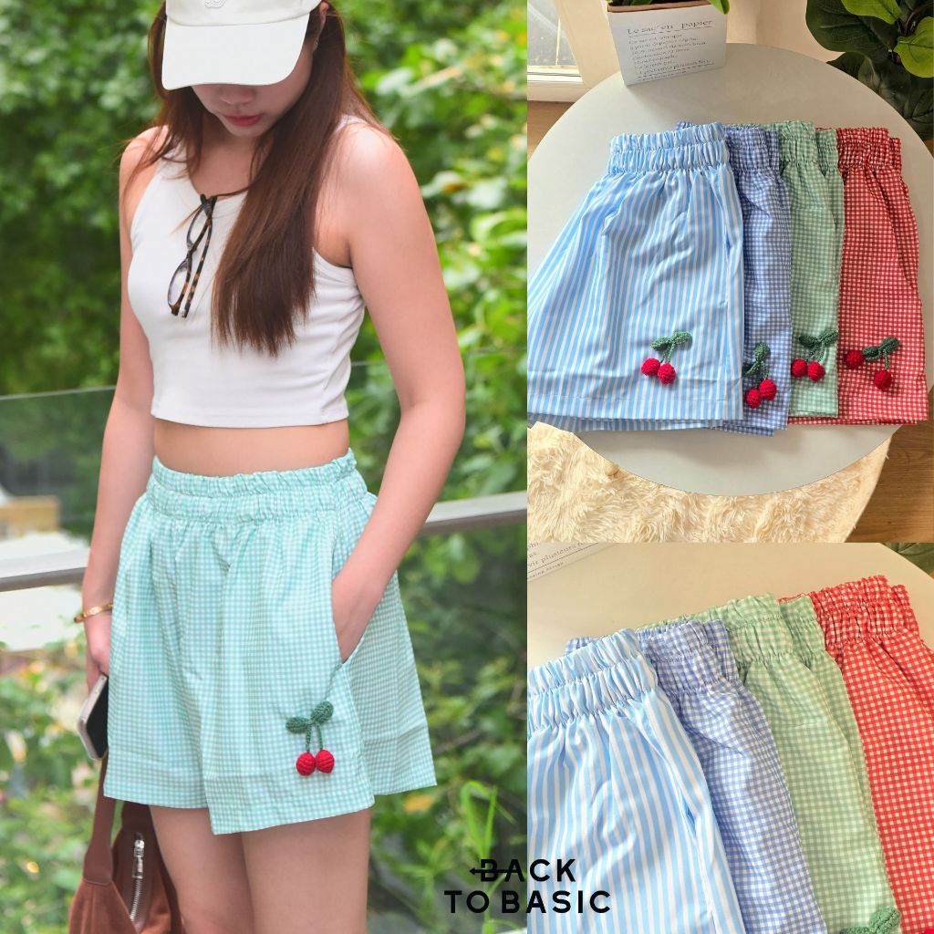 [cherry shorts] กางเกงขาสั้นไหมญี่ปุ่น เอวดับเบิ้ล ดีเทลเชอร์รี่ มีกระเป๋า เนื้อผ้านุ่มละมุน