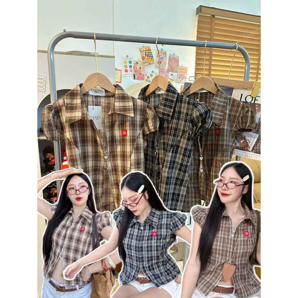 Cookies Bear🧸 new เสื้อเชิ้ตแขนสั้นทรงใหม่ ผ้าคอตตอนลายสก๊อต งานแขนดอลลี่ซิปหัวใจรูดบนล่าง แต่งชายลูกไม้