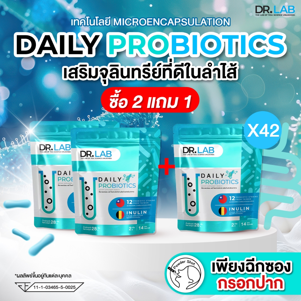 DR.LAB Daily Probiotic  2แถม1 โปรไบโอติก 12สายพันธุ์ ให้จุลินทรีย์ 23000ล้านCFU พรีไบโอติก Prebiotic