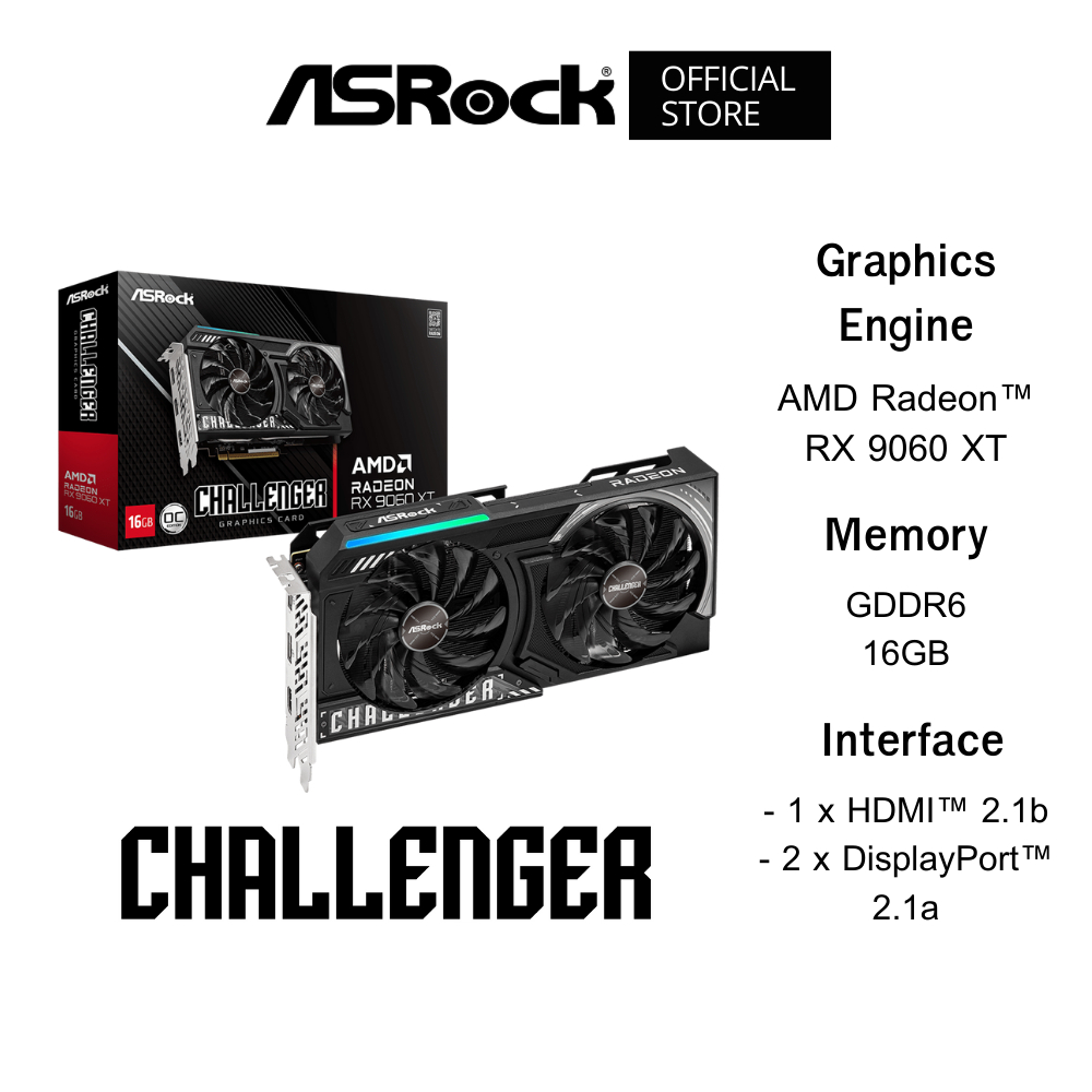 ASROCK AMD Radeon™ RX 9060 XT Challenger 16GB OC VGA Card (การ์ดจอ) GDDR6 on 128-bit Memory Bus