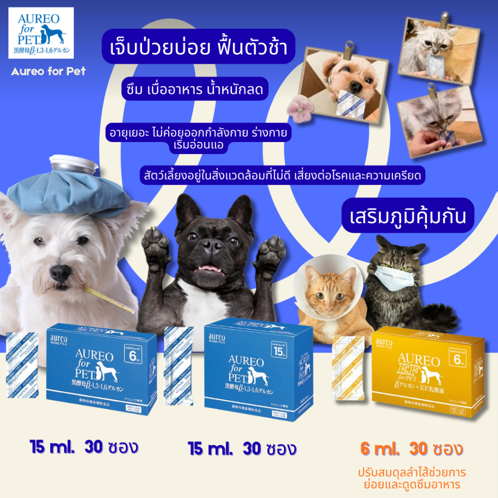 AUREO for Pet เบต้ากลูแคน อาหารเสริมภูมิคุ้มกันสำหรับสุนัขและแมว บรรจุ 10 ซอง / 1 กล่อง ขนาด 6,15ml.