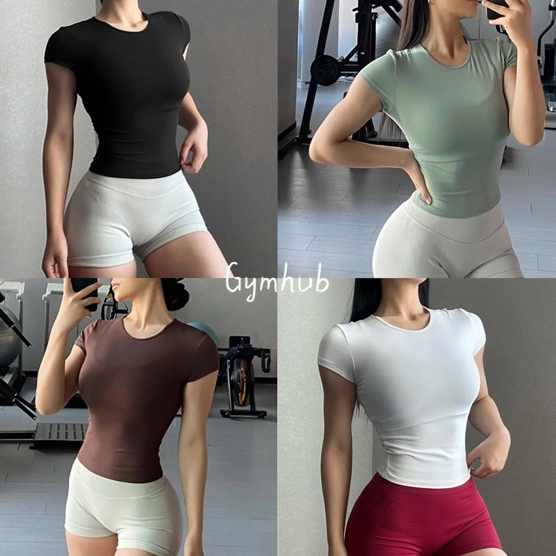 GYMHUB เสื้อแขนสั้นสตรีสำหรับโยคะและออกกำลังกาย ดีไซน์รวบเอวเพรียวสวย ผ้ายืดหยุ่นสวมใส่สบาย