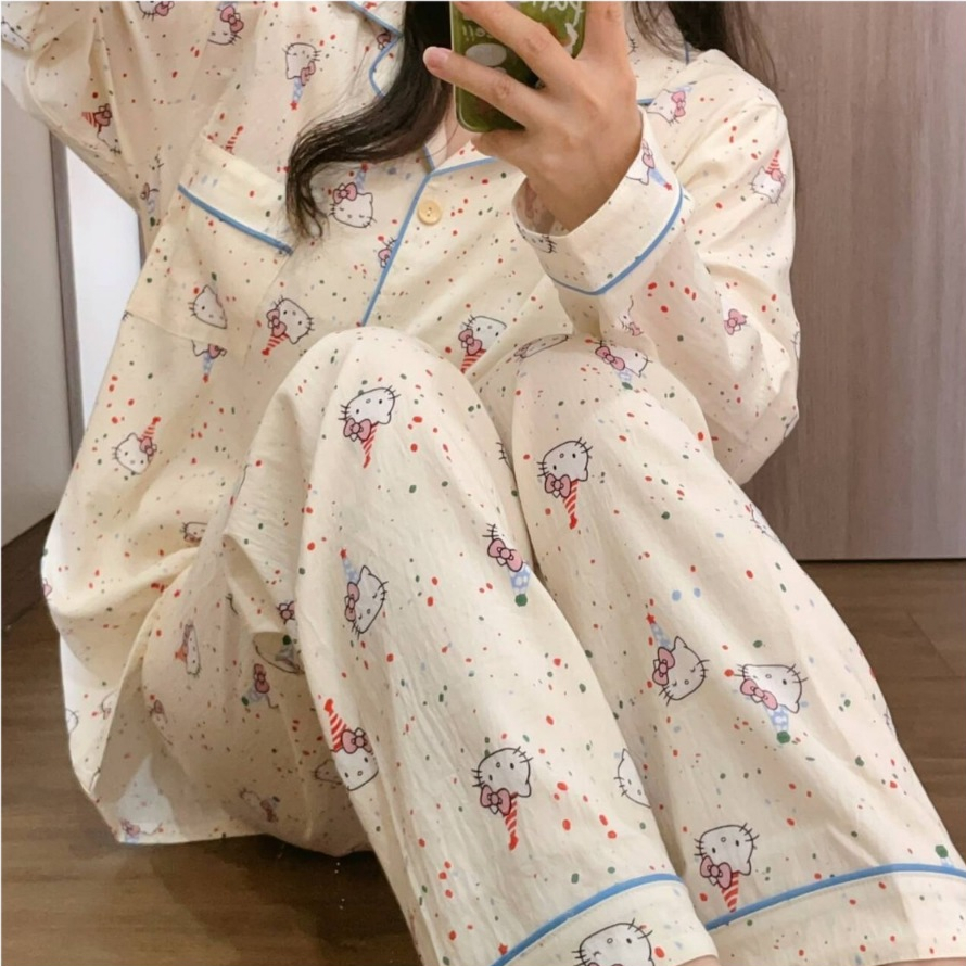 (Clothster.store) ชุดนอนแขนยาว ขายาว น้องแมวคิดตี้ คอตตอน ใส่สบาย ร้านไทยส่งไว