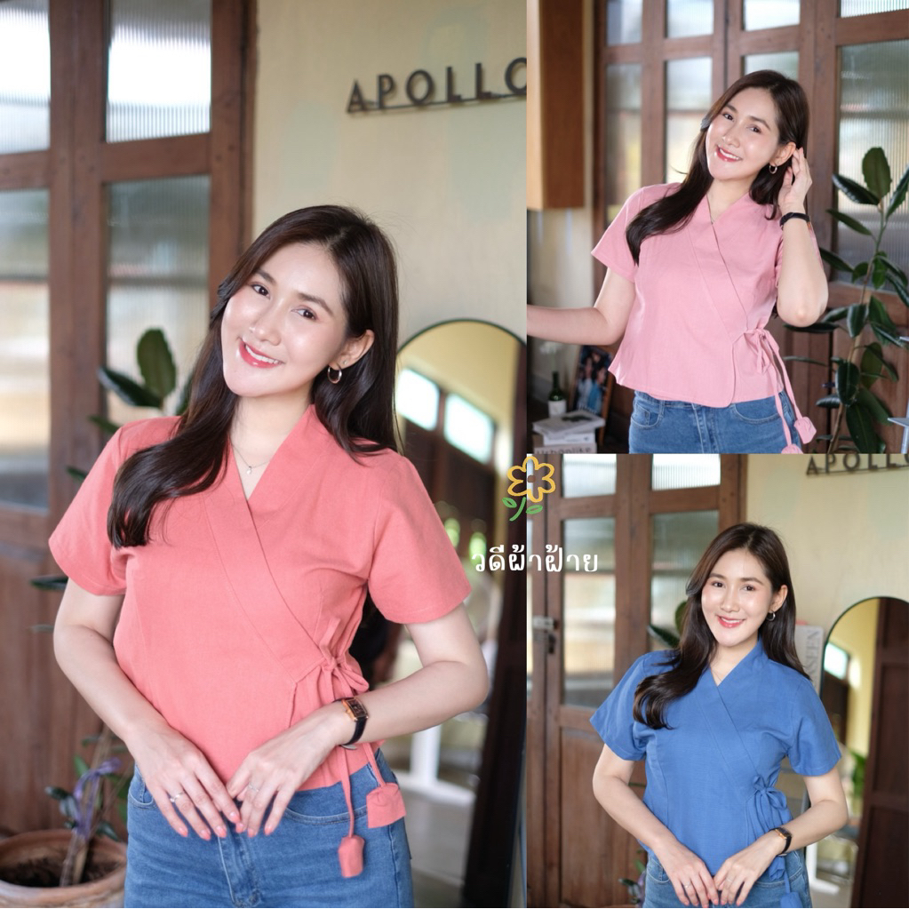 เสื้อป้ายเจ้านางแขนสั้น ผูกโบว์ผ้าฝ้าย