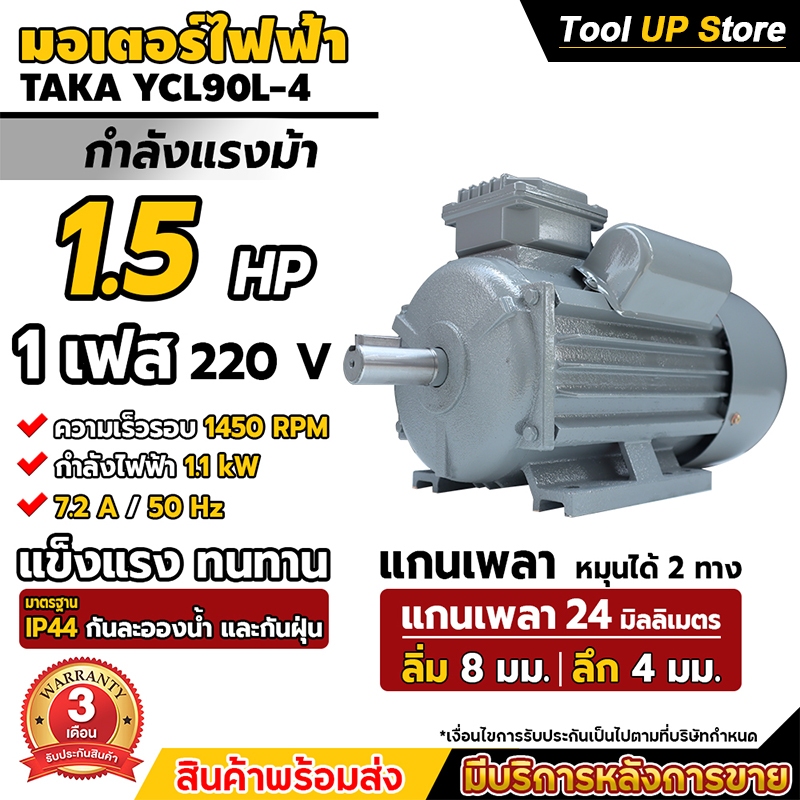 TAKA มอเตอร์ไฟฟ้า 1.5 HP ขนาดแรงดัน 220V ทองแดงผสม 1450 RPM กระแสสลับ 1 เฟส มาตรฐาน IP44 รับประกัน 3 เดือน