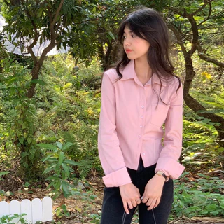 สไตล์เกาหลี แขนยาว เสื้อเชิ้ตผู้หญิง,เสื้อเชิ้ต สีทึบ เข้ารูป แฟชั่น,เสื้อสีดำผู้หญิง