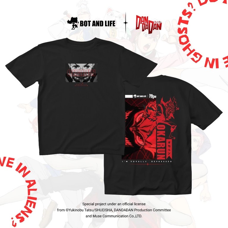 เสื้อยืด เสื้ออนิเมะ ดันดาดัน ลิขสิทธิ์แท้ Bot and Life x DAN DA DAN T-shirt Okarun สี ดำ