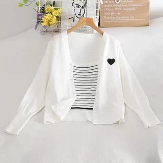 เสื้อกันหนาวผู้หญิง เสื้อคลุมคาร์ดิแกนปักลายหัวใจ มีเสื้อกล้ามในตัว(2ชิ้น)น่ารัก เนื้อผ้าหนานุ่ม สไตส์เกาหลี 10009#