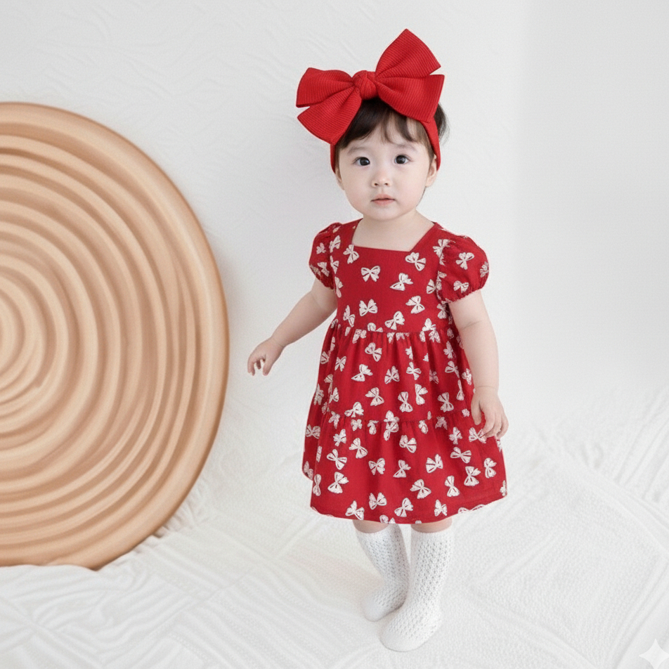 Babyonline(Y158)M2 (ส่งด่วน1วัน)ชุดเดรสกระโปรงคอสี่เหลี่ยมแขนตุ๊กตาลายน่ารัก ผ้าฝ้าย นิ่ม