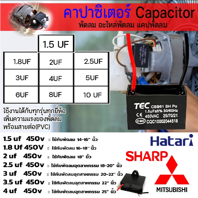 คาปาซิเตอร์ พัดลม  คาปา ตัวเก็บประจุ คาปาซิสเตอร์  พัดลมคาปาซิเตอร์พัดลม อะไหล่พัดลม ขนาด 1.5uF - 10uF