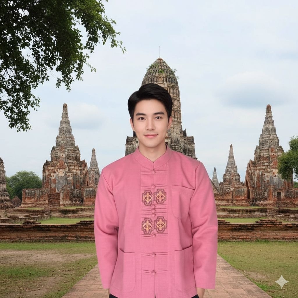 เสื้อพื้นเมืองผู้ชายคอจีนปักหงษ์ในโคมคู่อัดกาว