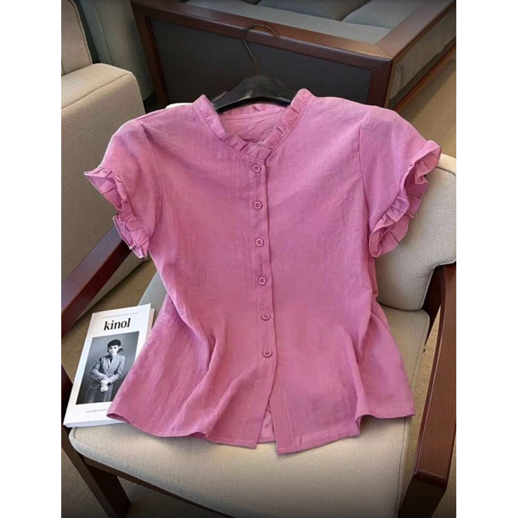 เสื้อเชิ้ตเบลาส์ แขนสั้น เสื้อทำงาน เรียบๆ สีพื้น แต่งระบาย มีปก พับ และกระดุม สำหรับผู้หญิง