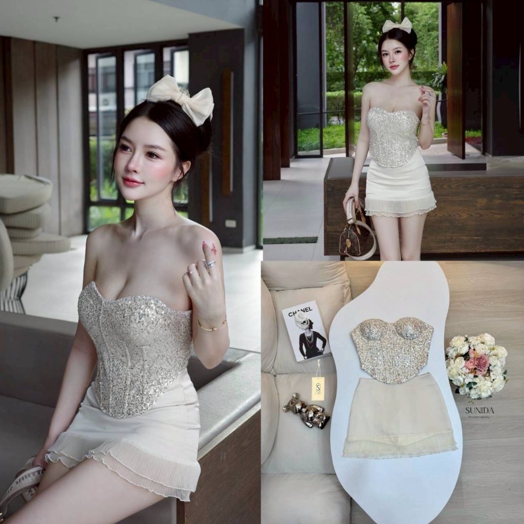 Sunida ชุดเซต2ชิ้น สีGold Champaign เสื้อเกาะอก + กระโปรง เอวต่ำ ตัวเสื้อมีซับในทั้งชุดมีมีการเหลื่อน