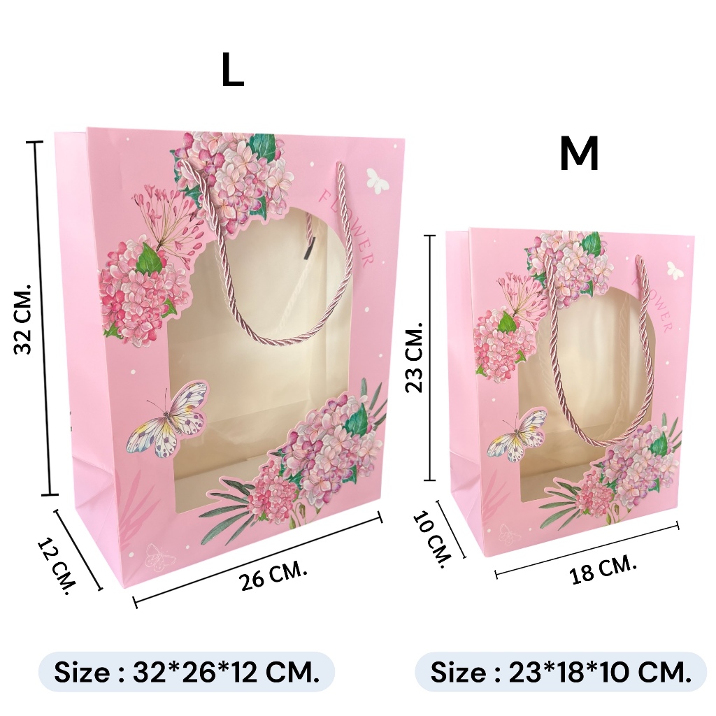 (รหัส81) ถุงกระดาษหน้าใส ลายดอกไม้ สีละมุน สวยมาก  (1 แพ็ค มี 5 ใบ)