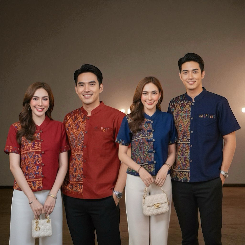 เสื้อพื้นเมืองลายแพรวา เสื้อคู่ผ้าพื้นเมืองชายหญิง