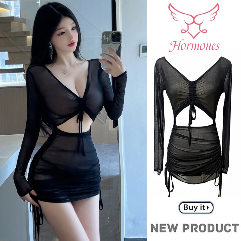 Hormones ส่งไวจากไทย sexy กระโปรงสะโพก ผ้าใส่สบาย คอวีลึก ชุดนอนเซ็กซี่ ชุดล่อลวง แขนยาว บางและเบา