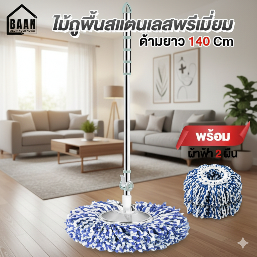Premium mop ไม้ม็อบสแตนเลส พร้อมผ้า 2 ผืน ไม้ม็อบถูพื้นเกรดพรีเมี่ยม ไม้ม็อบถูพื้น ไม้ถูพื้นเกรดพรีเมี่ยม