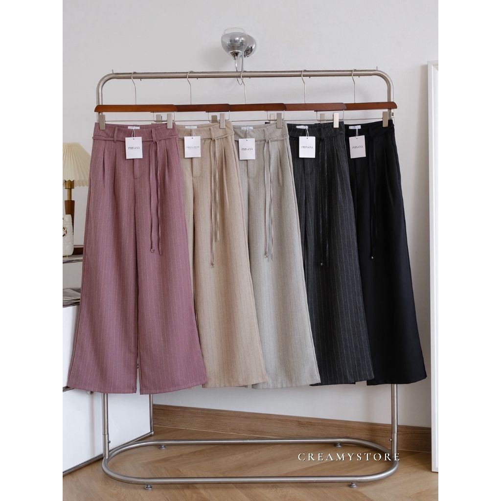 Creamystore กางเกงขากระบอกกลาง ผ้าสูททอลาย งานป้ายPrisana