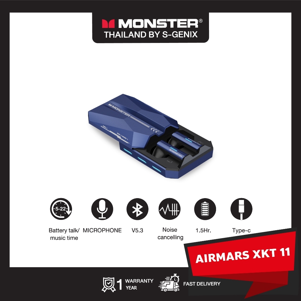 【10.25 ฟรี! Sticky Pad】MONSTER หูฟังบลูทูธไร้สาย รุ่น XKT11 - สีฟ้า - รับประกัน 1 ปี